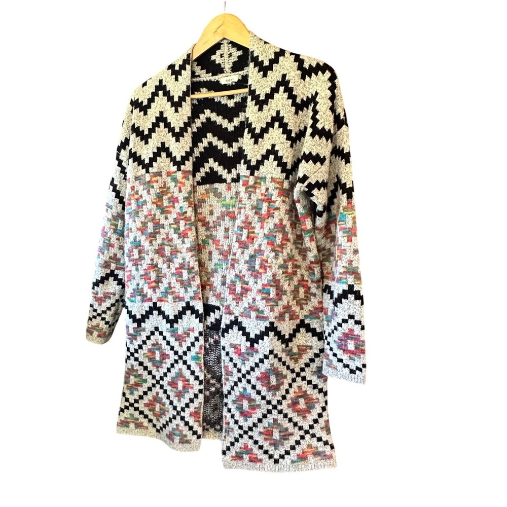 Debut Southwestern Geometric Open Front Knit Cardigan Vibrant Colors Bohemian